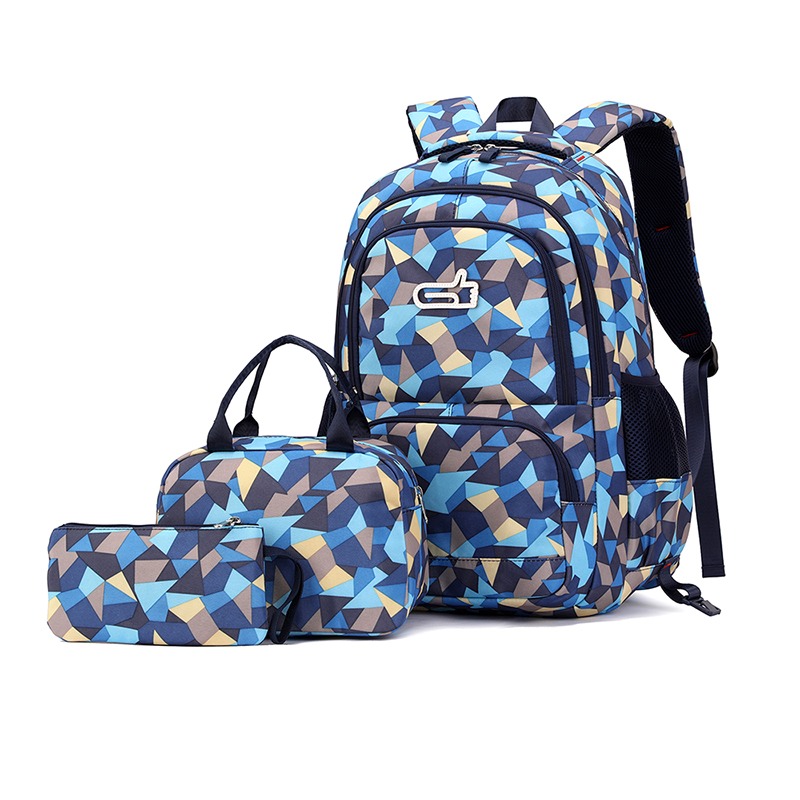 Blue geometric backpack with matching lunch bag and pencil pouch