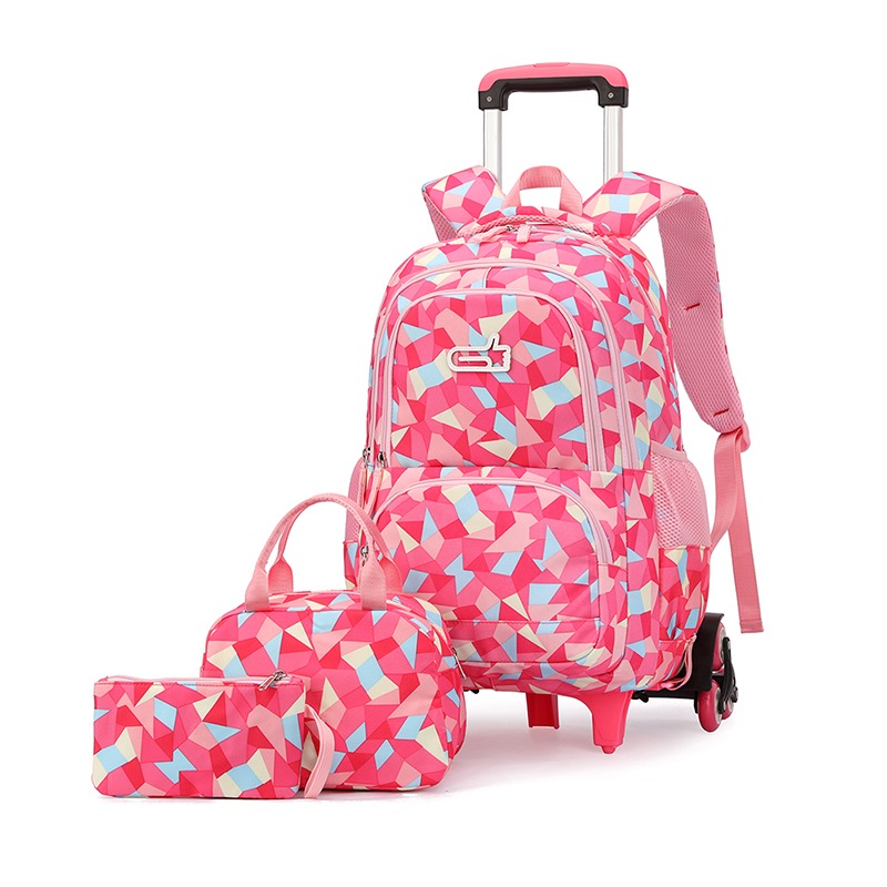 Hot pink geometric trolley backpack with matching lunch bag and pouch